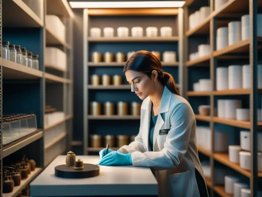 Un conservador analiza un artefacto antiguo con tecnología de sensores en un laboratorio de conservación