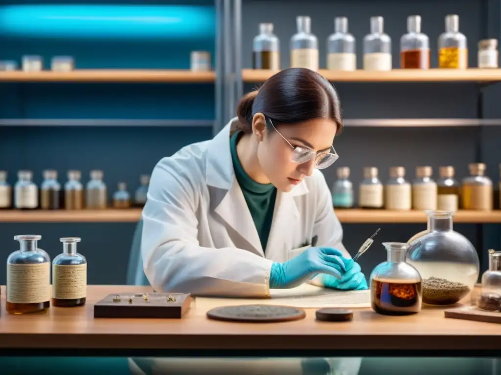 Conservador examinando con cuidado un antiguo artefacto bajo luz brillante en laboratorio