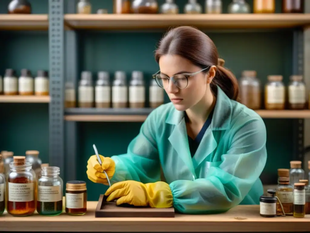 Un conservador aplica con cuidado solución química a un antiguo artefacto en un laboratorio de conservación