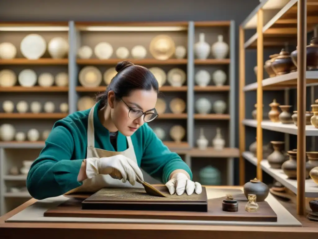 Un conservador restaurando con cuidado un antiguo artefacto bajo intensa luz, en un ambiente lleno de reliquias históricas y materiales de referencia