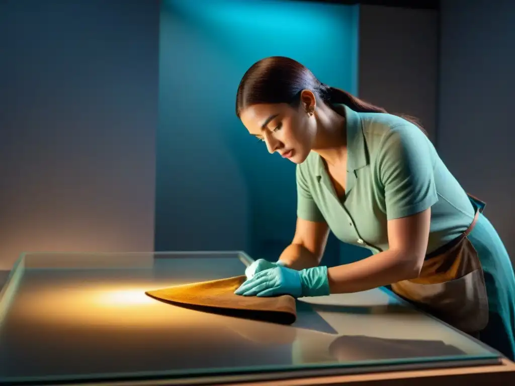 Conservador limpiando con cuidado un artefacto antiguo en museo