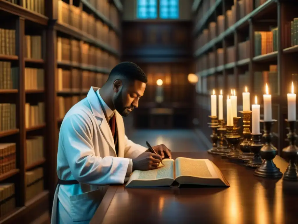 Un conservador restaura con cuidado un manuscrito antiguo en una biblioteca atmosférica iluminada por velas