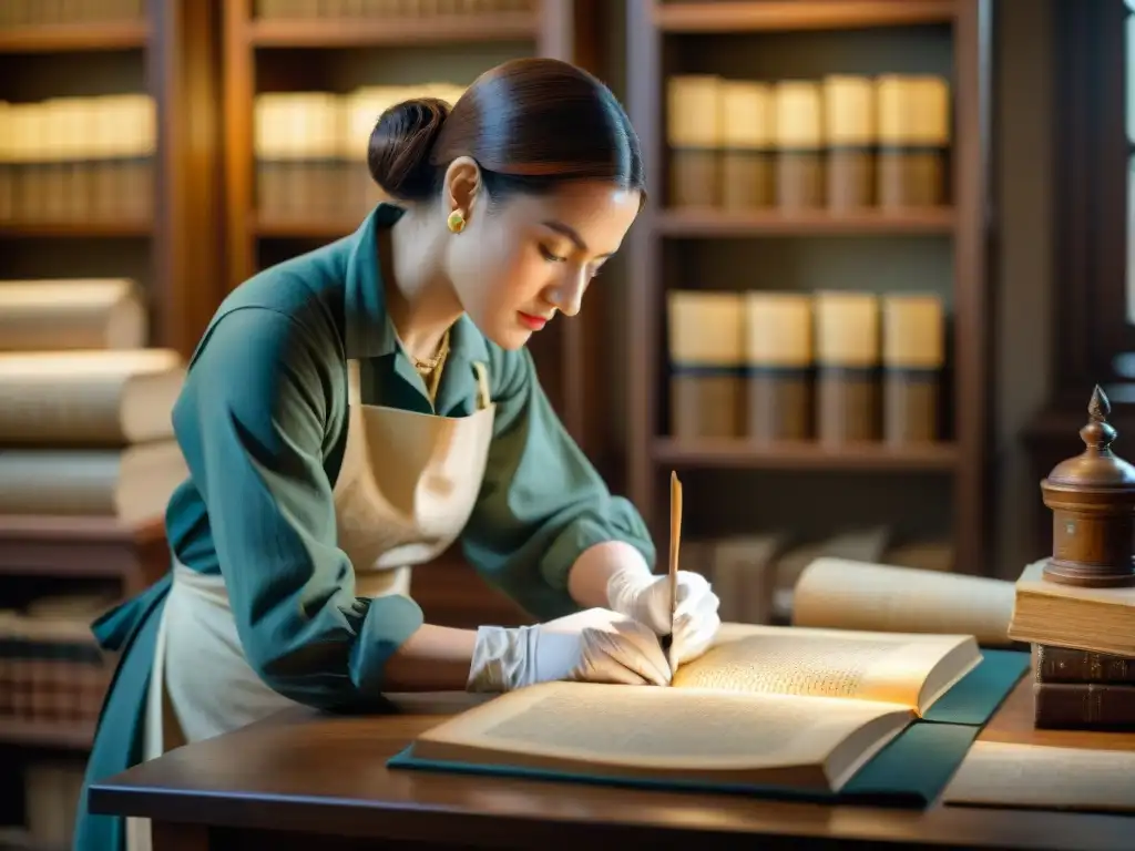 Un conservador restaura con cuidado un manuscrito centenario entre libros antiguos