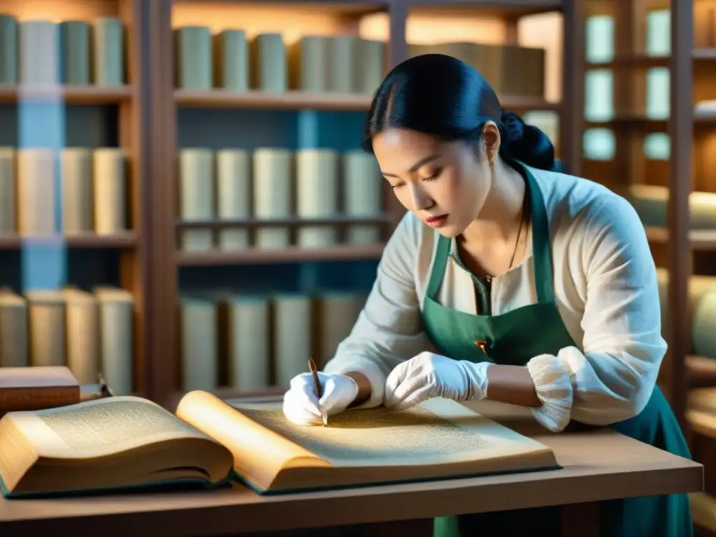 Un conservador restaura con delicadeza un manuscrito antiguo bajo luz suave, revelando la conservación de manuscritos antiguos