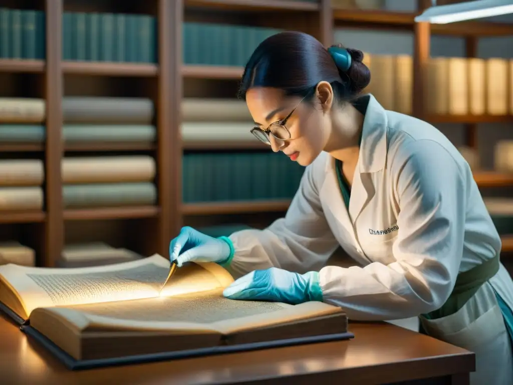 Un conservador restaurando con delicadeza un manuscrito antiguo bajo luz suave en un laboratorio de conservación