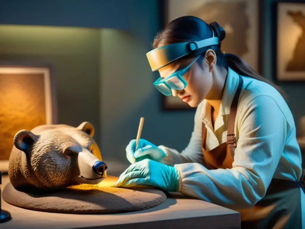 Un conservador restaurando con destreza un antiguo artefacto en un estudio de conservación