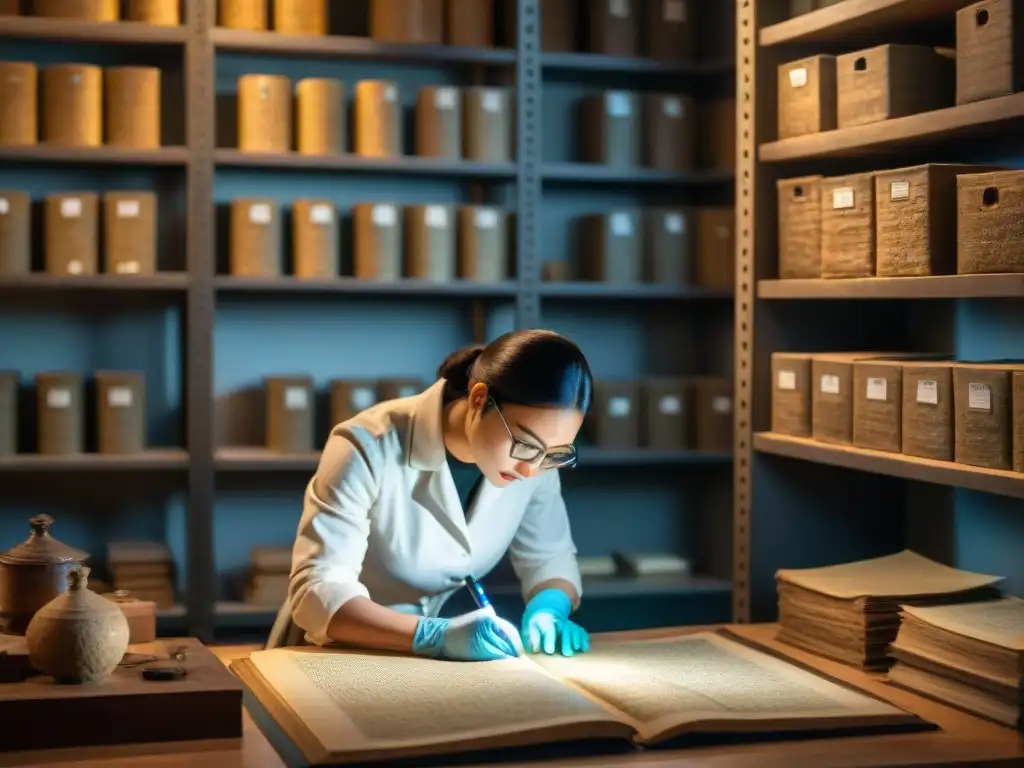 Un conservador restaura con destreza un antiguo manuscrito en una cripta iluminada tenuemente, rodeado de documentos y artefactos antiguos