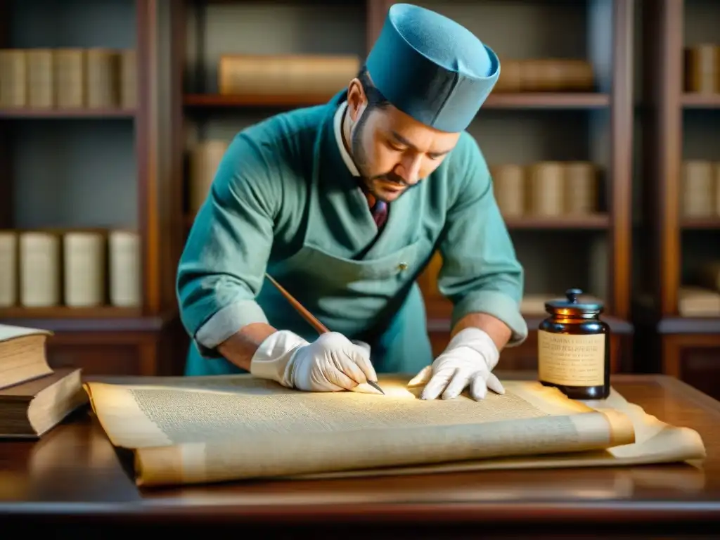 Conservador restaurando documento antiguo en sala de archivos: preservación documentos históricos estrategias