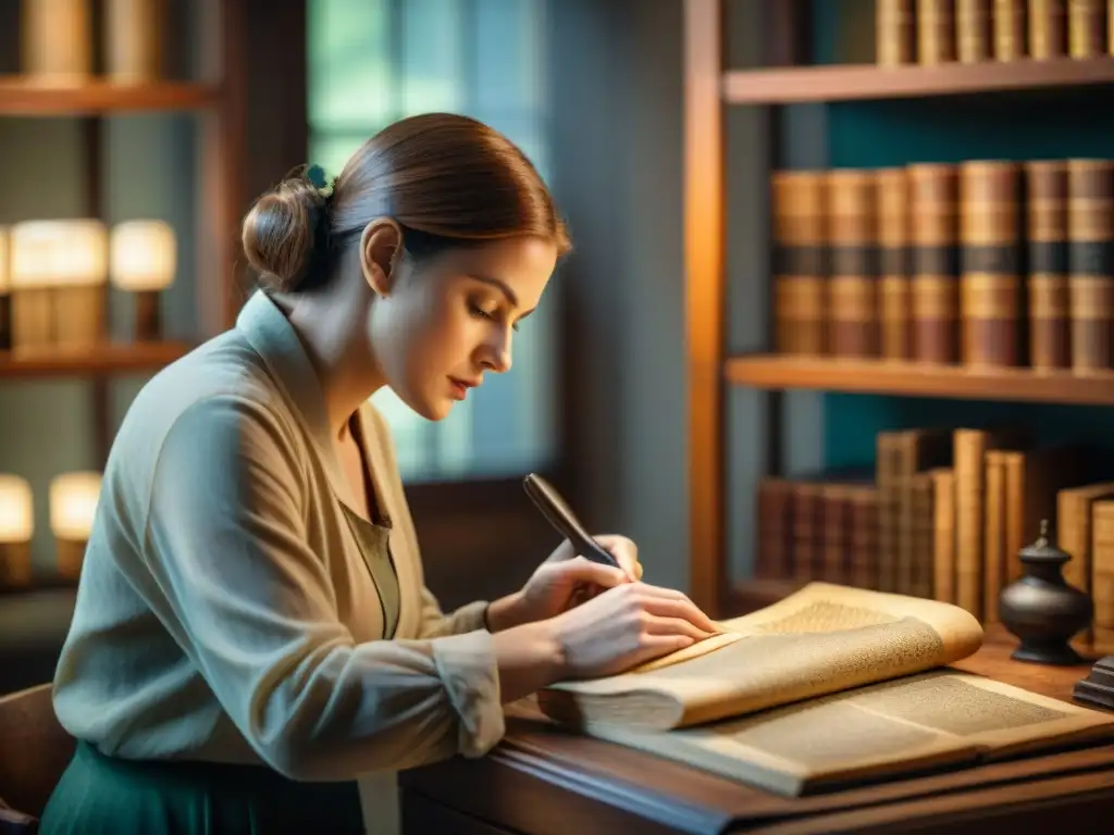 Un conservador experto restaura con detalle un manuscrito antiguo bajo una luz suave