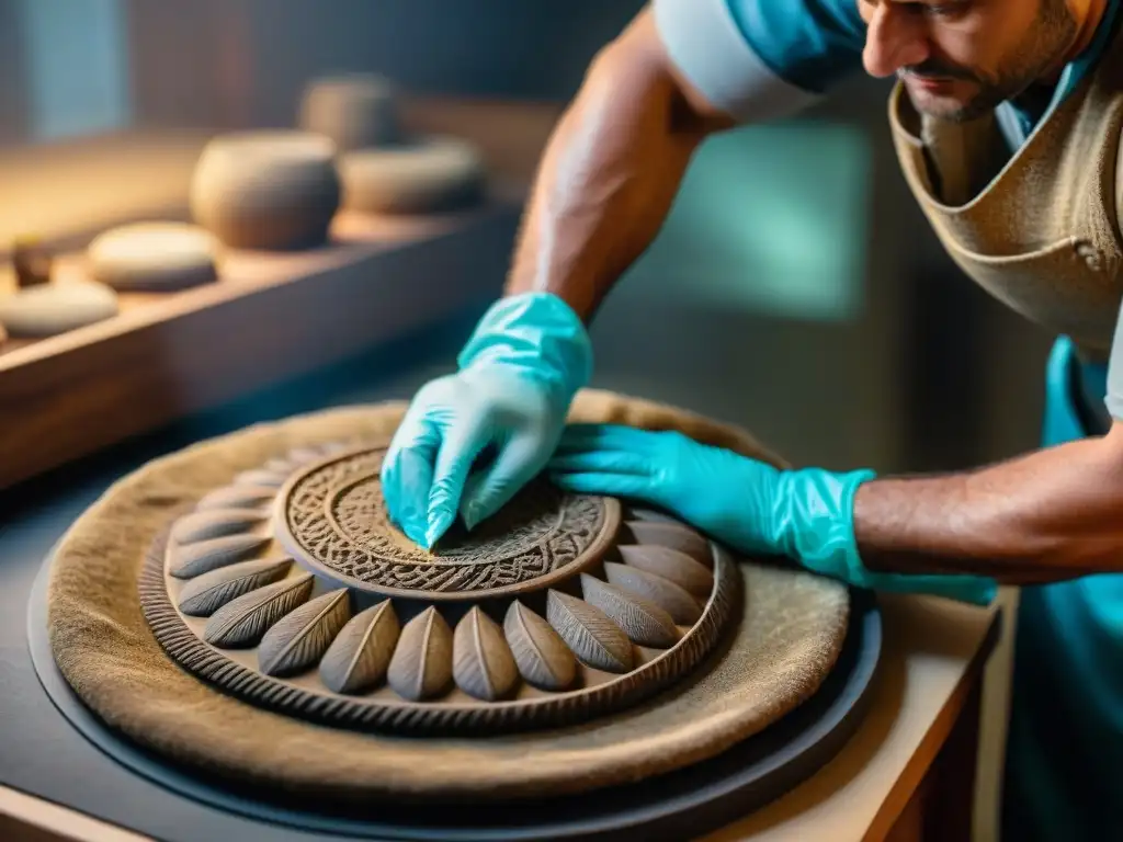 Conservador experto cuidando reliquia antigua con herramientas Un conservador experto limpia con cuidado un antiguo artefacto, resaltando la importancia de la conservación artefactos civilizaciones antiguas