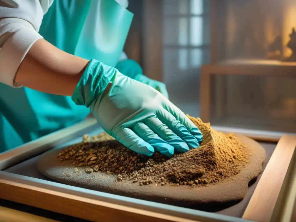 Un conservador habilidoso limpia con delicadeza un artefacto antiguo usando modernas técnicas de conservación en un laboratorio de museo