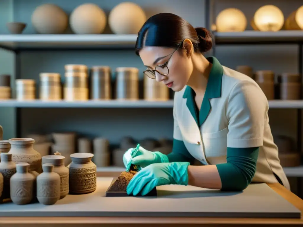 Un conservador protege el legado humano con delicadeza y precisión en la restauración de un antiguo artefacto bajo suave luz de museo