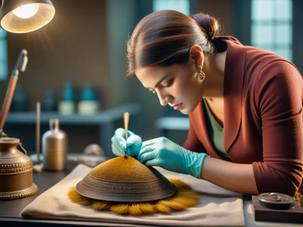 Un conservador limpia con precisión un artefacto antiguo bajo un foco en un laboratorio, resaltando la narrativa visual artefactos históricos