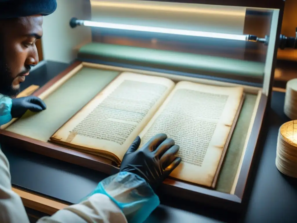 Conservador preservando manuscrito antiguo en cámara de atmósfera controlada