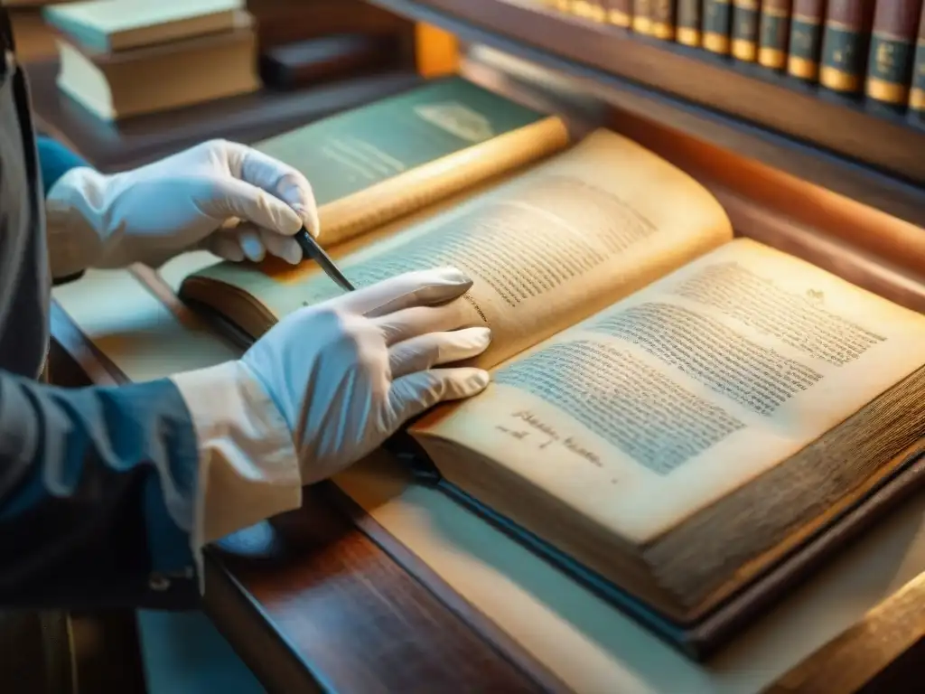 Conservador restaurando manuscrito antiguo con delicadeza en laboratorio de conservación