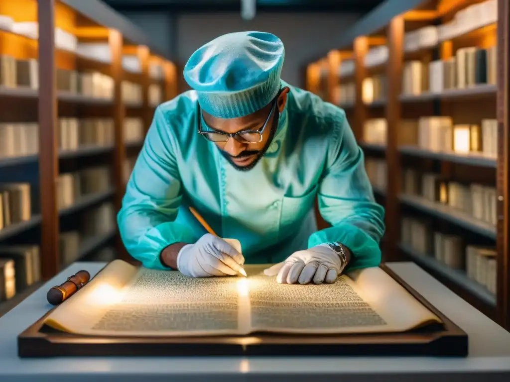 Restauración meticulosa de manuscrito antiguo Un conservador restaura con maestría un manuscrito antiguo en un laboratorio de preservación, rodeado de libros antiguos