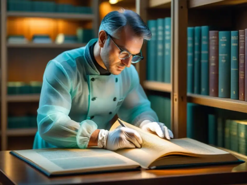 Conservador restaurando manuscrito antiguo bajo luz suave, detallando texto e ilustraciones