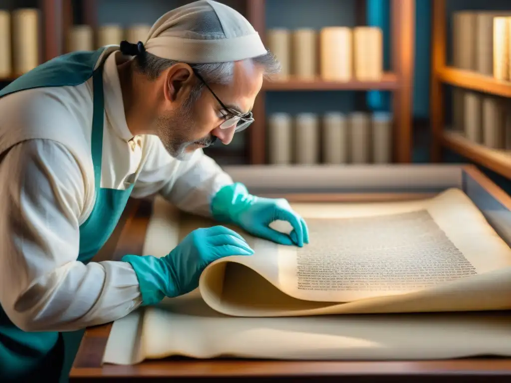 Un conservador restaurando con precisión un manuscrito antiguo, mostrando la dedicación en la conservación de patrimonio histórico