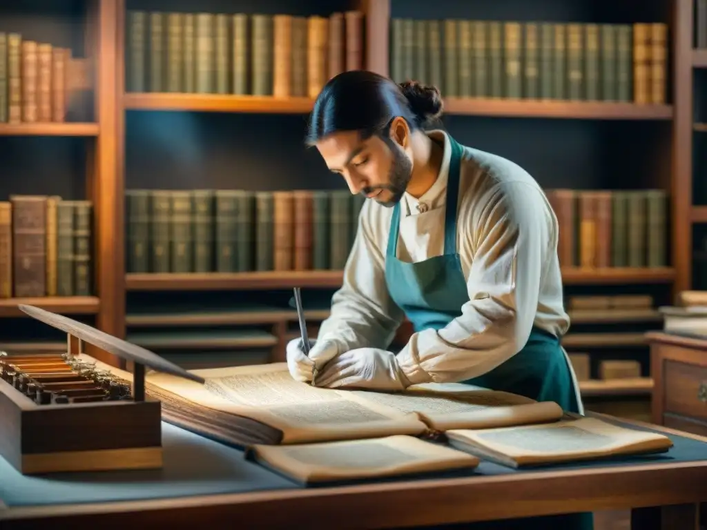 Un conservador restaura con precisión un manuscrito antiguo en un estudio de conservación, creando una atmósfera de reverencia