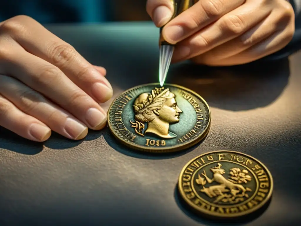 Conservador limpiando con precisión una rara moneda antigua bajo una luz brillante, destacando la meticulosa conservación de monedas antiguas