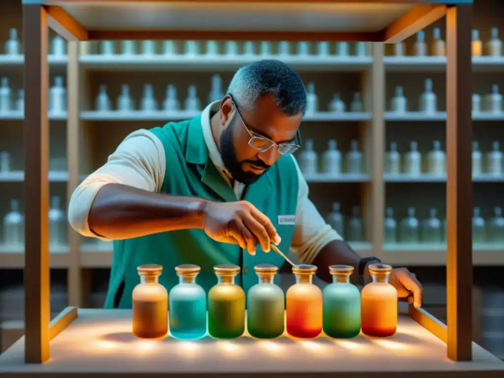 Un conservador aplicando con precisión una solución química transparente en un frágil artefacto antiguo en laboratorio de conservación