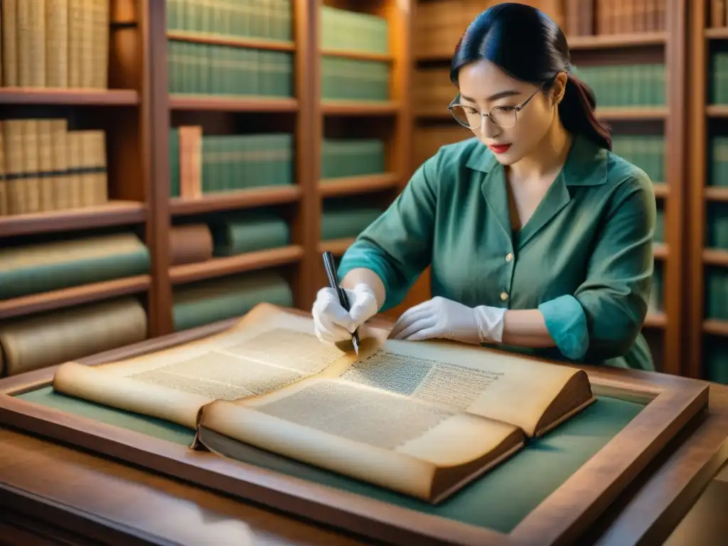 Un conservador restaura con reverencia un manuscrito antiguo, revelando caligrafía oculta