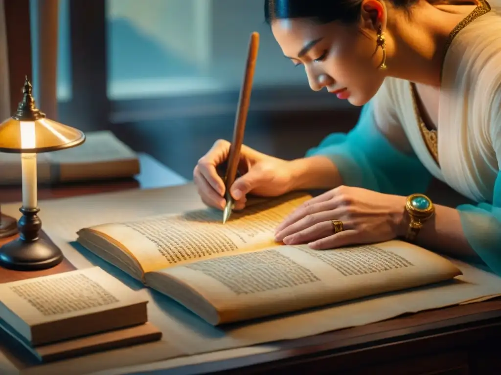 Conservadora restaurando manuscrito antiguo bajo luz brillante en sala de archivo, Rescate de manuscritos antiguos preservados