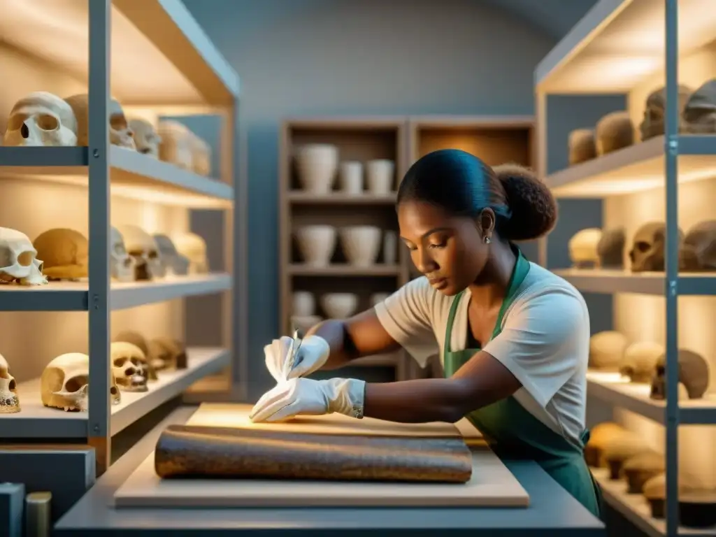 Restauración meticulosa de artefactos antiguos por expertos conservadores Conservadores restaurando artefactos antiguos con precisión y dedicación en museo iluminado