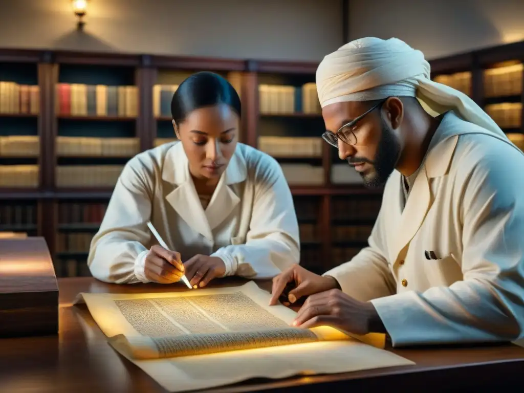 Conservadores digitalizando un manuscrito antiguo en una biblioteca atmosférica