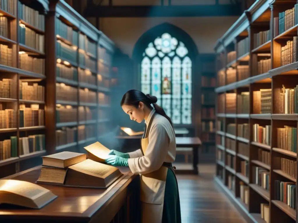 Conservadores restaurando manuscritos antiguos en biblioteca atmosférica