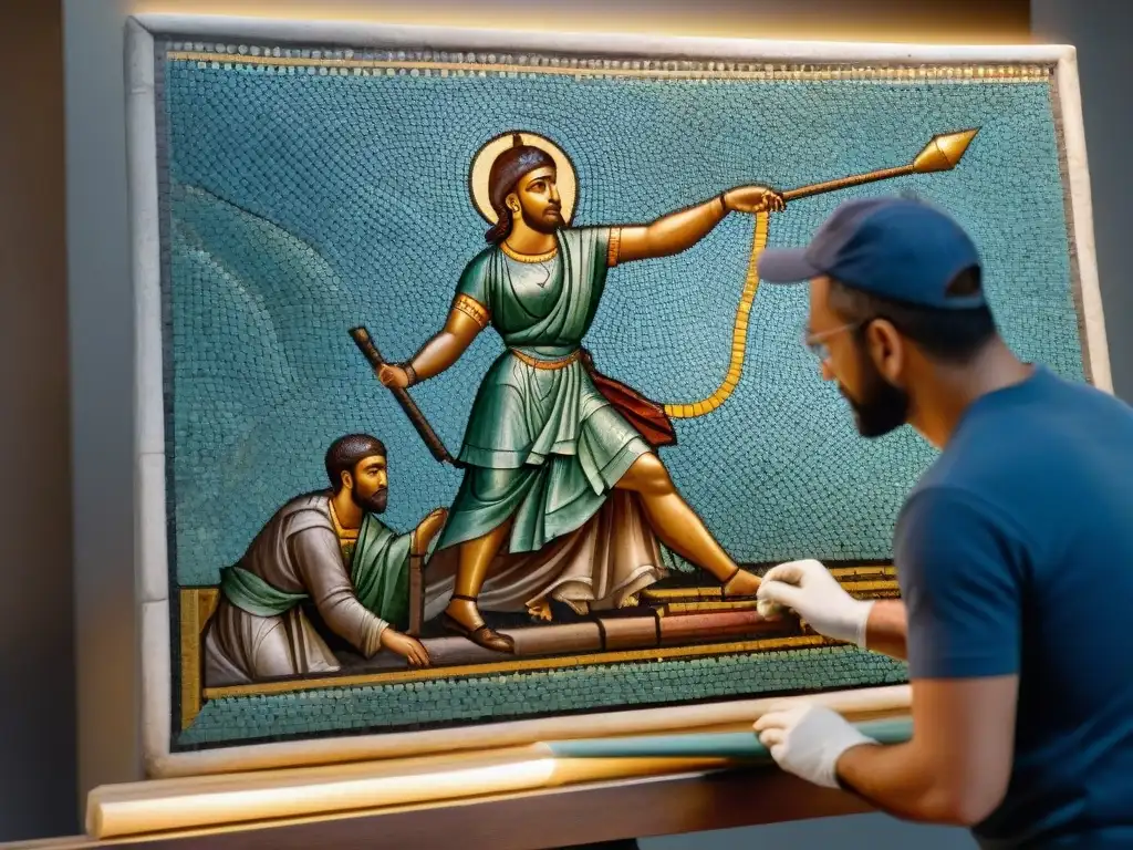 Restauración de mosaico centenario: expertos devolviendo vida Conservadores restaurando mosaico antiguo con detalle y dedicación en estudio de conservación artefactos civilizaciones antiguas