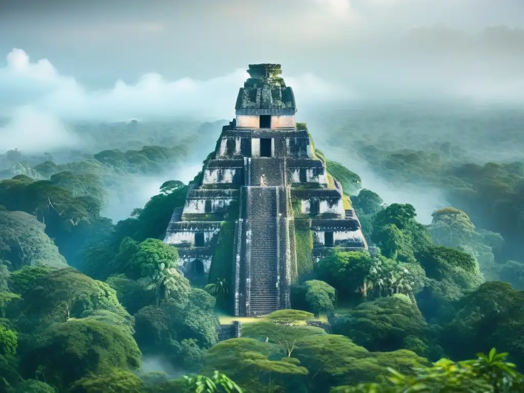 Construcciones asombrosas de los antiguos mayas en la misteriosa ciudad de Tikal, envueltas en la neblina de la jungla exuberante