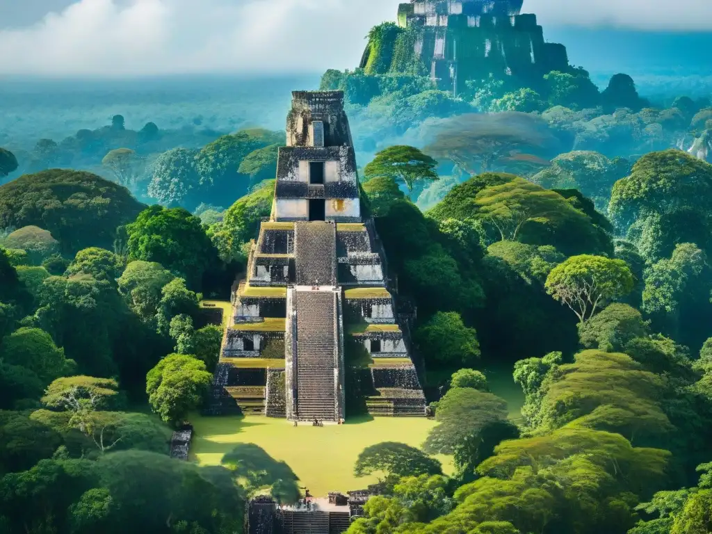 Construcciones asombrosas antiguos mayas: Templo I de Tikal entre la exuberante selva y cielo azul