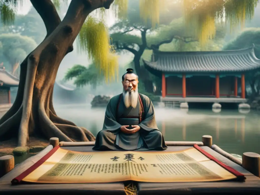 Confucio consulta el I Ching bajo sauce majestuoso en escena mística con 'Adivinación con I Ching'