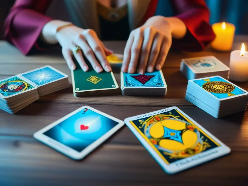 Un consultor de tarot con expresión concentrada, rodeado de cartas coloridas sobre mesa de madera en patrón