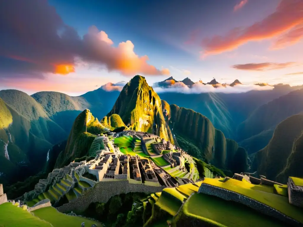 La conexión cósmica entre el sol y los templos antiguos de Machu Picchu, iluminando el paisaje en esoterismo ancestral