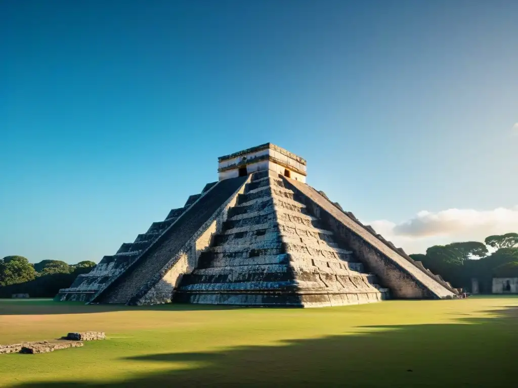 Conexión cósmica en templos antiguos: detallada imagen del icónico El Castillo en Chichén Itzá, revelando la esencia esotérica maya