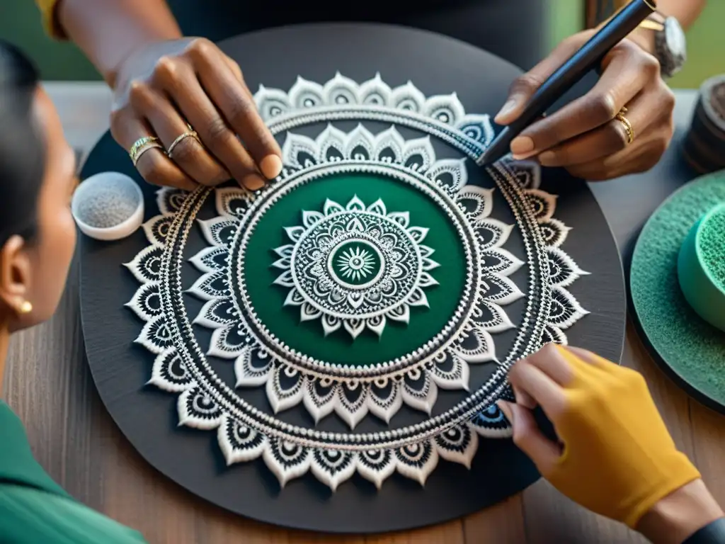 Creación de mandala en blanco y negro con detalle y precisión, reflejando la meditación y maestría artística