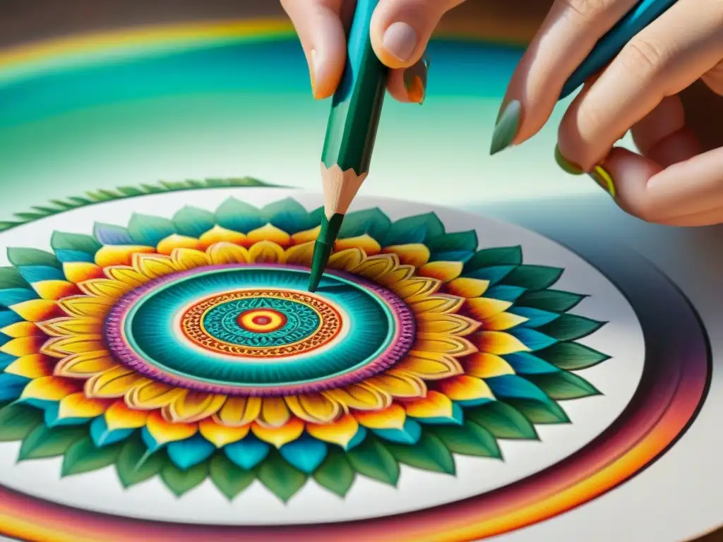 Creación de mandalas en el hogar: artista dibujando meticulosamente un intrincado diseño con lápices de colores vibrantes