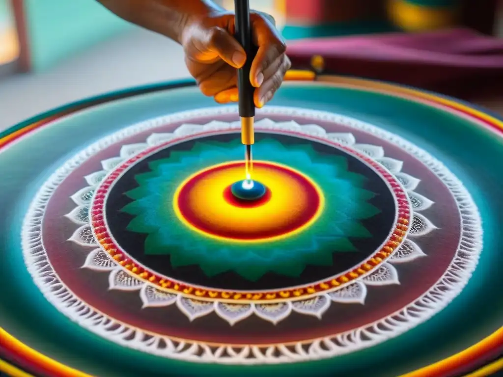 Creación de un mandala de arena por monje tibetano, símbolo de la impermanencia y conexión universal