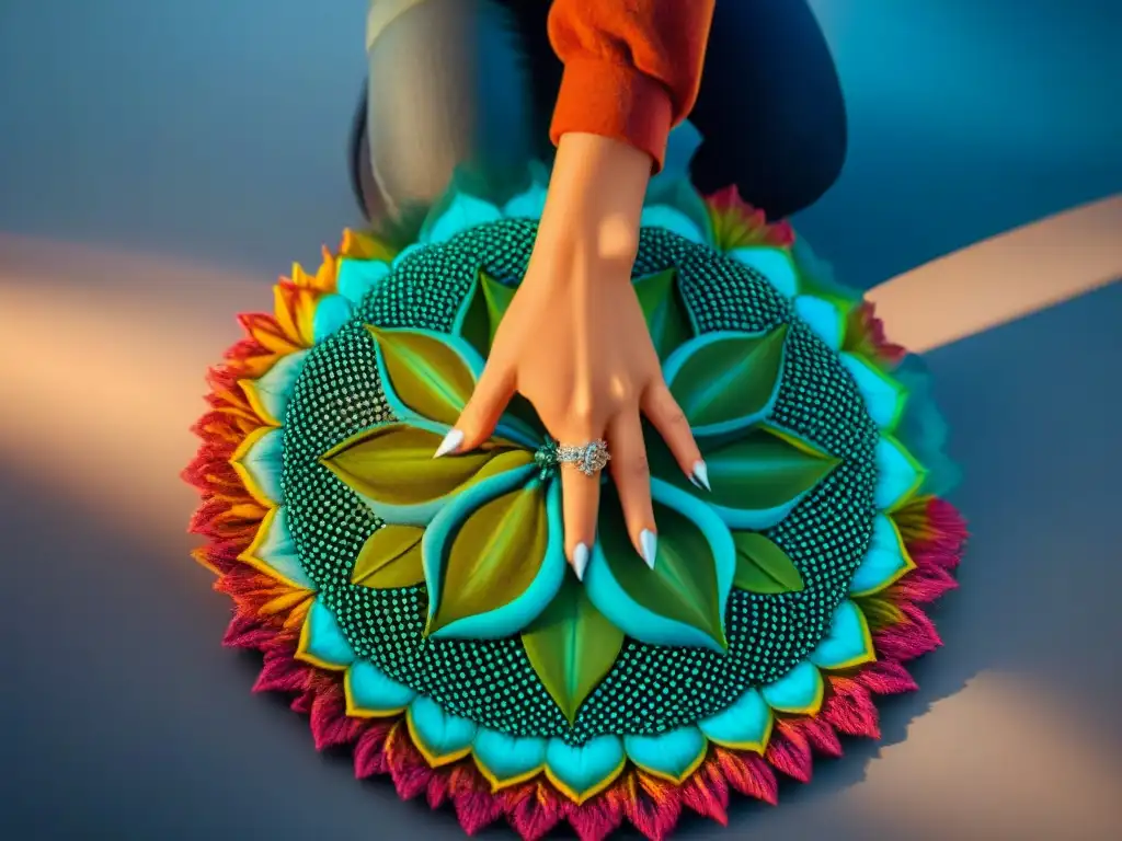 Creación meticulosa de un vibrante mandala como herramienta de meditación, mostrando detalles e colores vibrantes