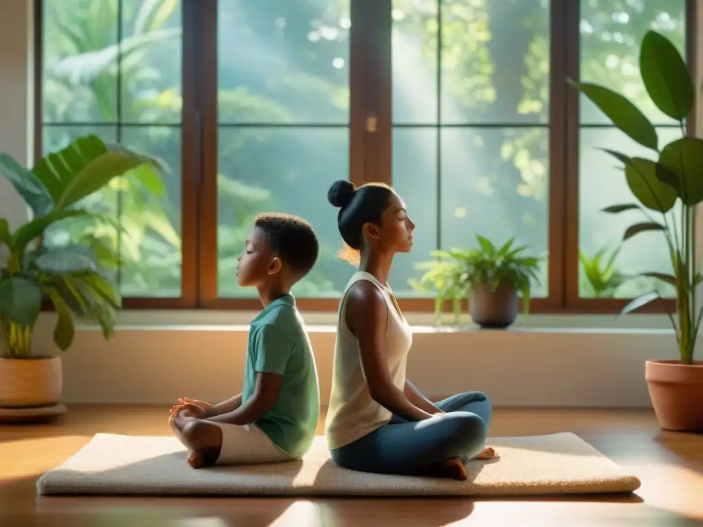 Crianza consciente: padre e hijo meditan en un cuarto luminoso con vista a un jardín verde, creando conexión espiritual