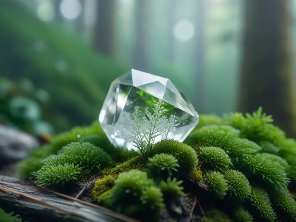 Un cristal de cuarzo claro en musgo verde, con gotas de agua brillantes bajo la luz natural del bosque