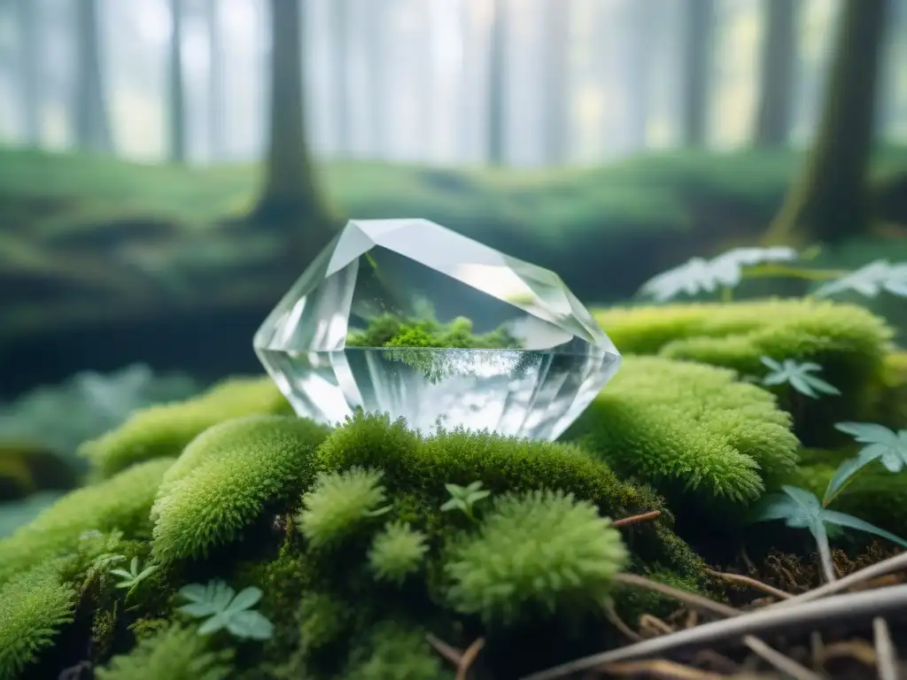 Un cristal de cuarzo claro sobre musgo verde brillante, iluminado por un rayo de sol en un bosque