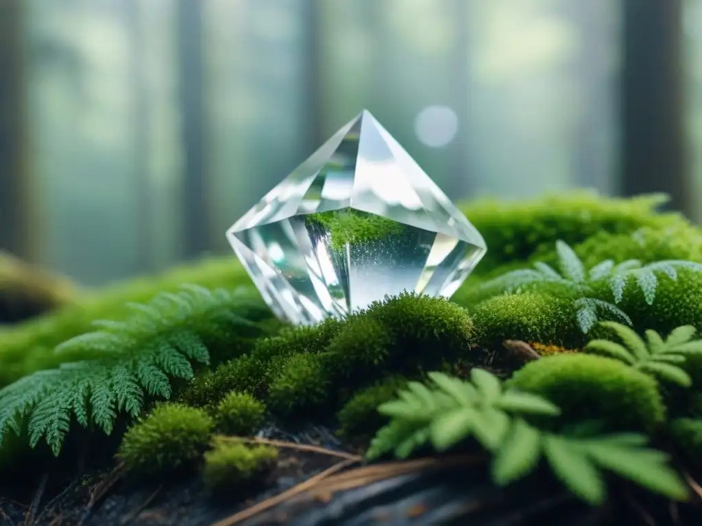 Un cristal de cuarzo reluciente reposa sobre musgo verde, bajo la luz del sol en un bosque