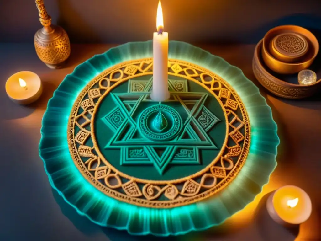 Mandala de cristal tallado con deidades y símbolos, iluminado por velas en una habitación ornamentada