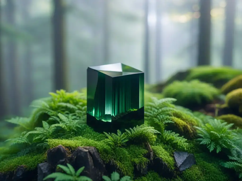 Un cristal de turmalina negra sobre musgo verde brillante en un bosque