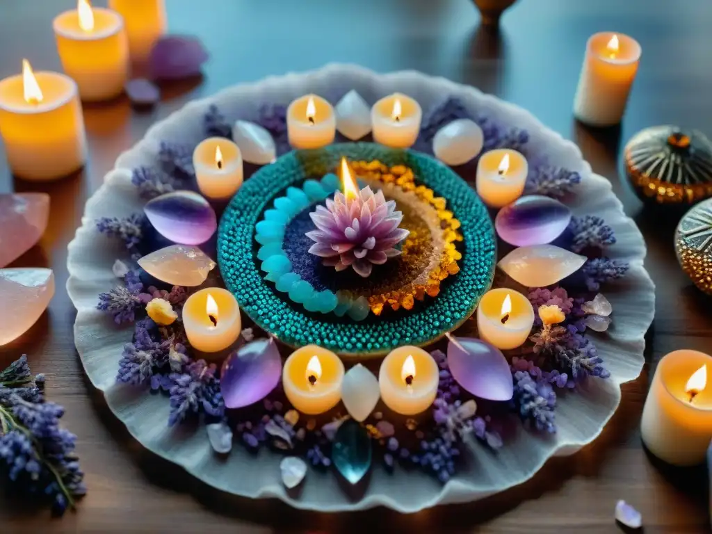 Mandala de cristales brillantes sobre pétalos de flores, en un espacio de meditación sereno con velas, beneficios sinergia cristales aromaterapia