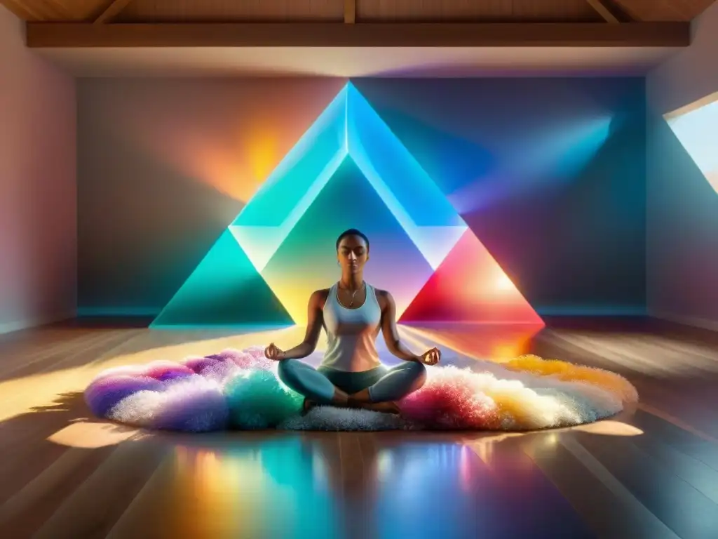 Meditación con cristales para energía positiva en habitación serena y soleada