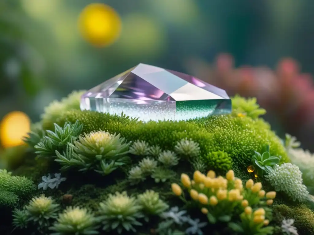 Un jardín de cristales sereno bañado en luz dorada, con variedad de cristales coloridos brillando en musgo verde